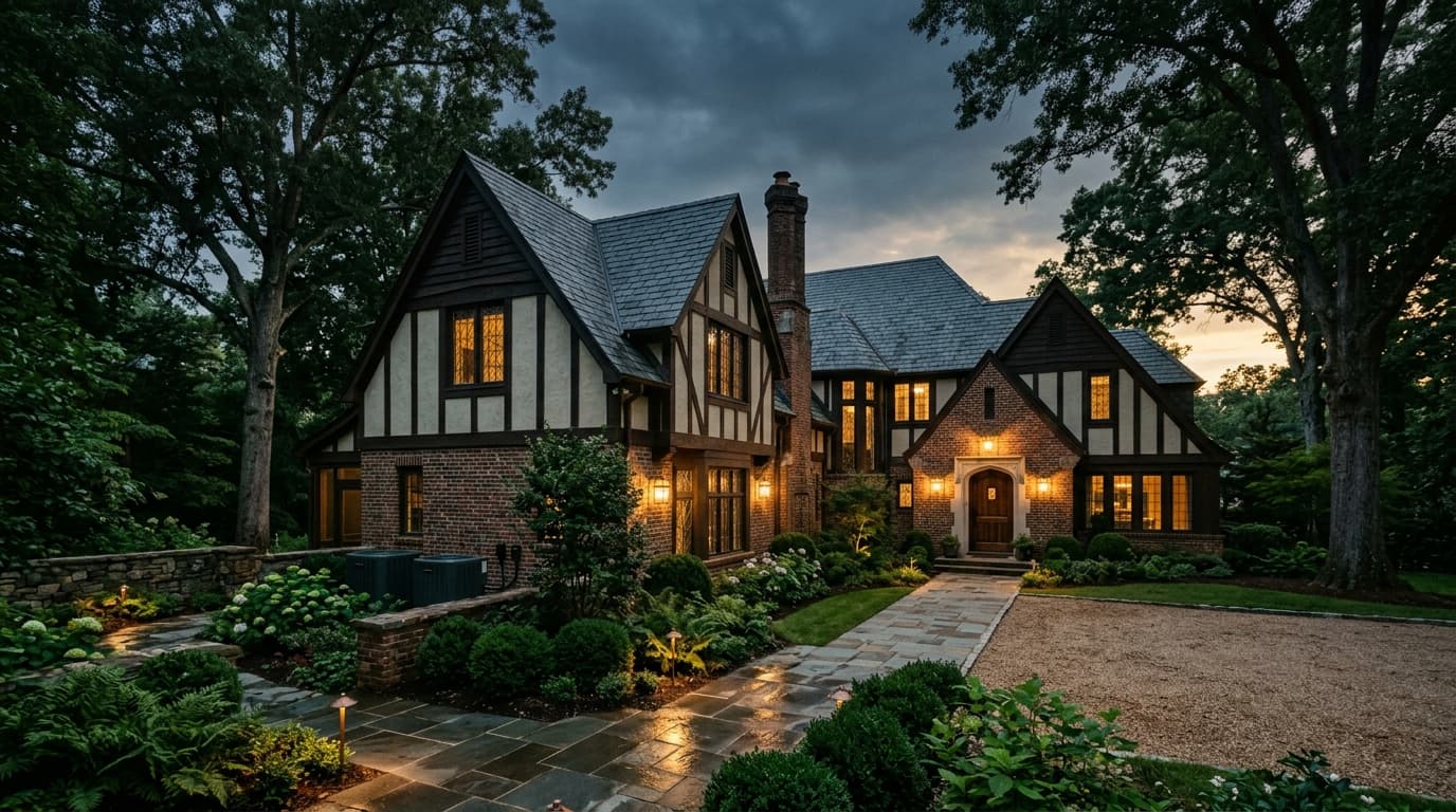 Elegant Tudor-style home in Mountain Brook, AL at twilight