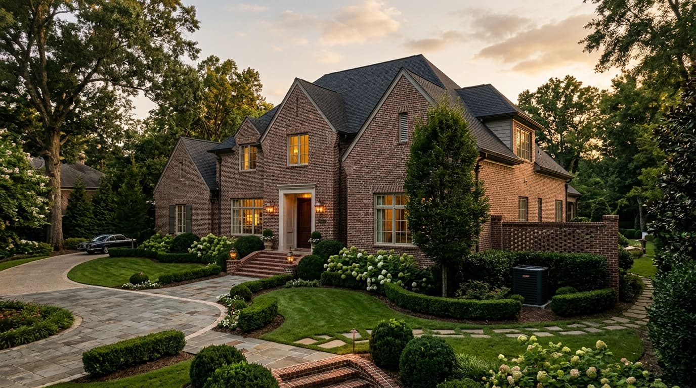Stately brick home in Vestavia Hills, AL 35242 at golden hour