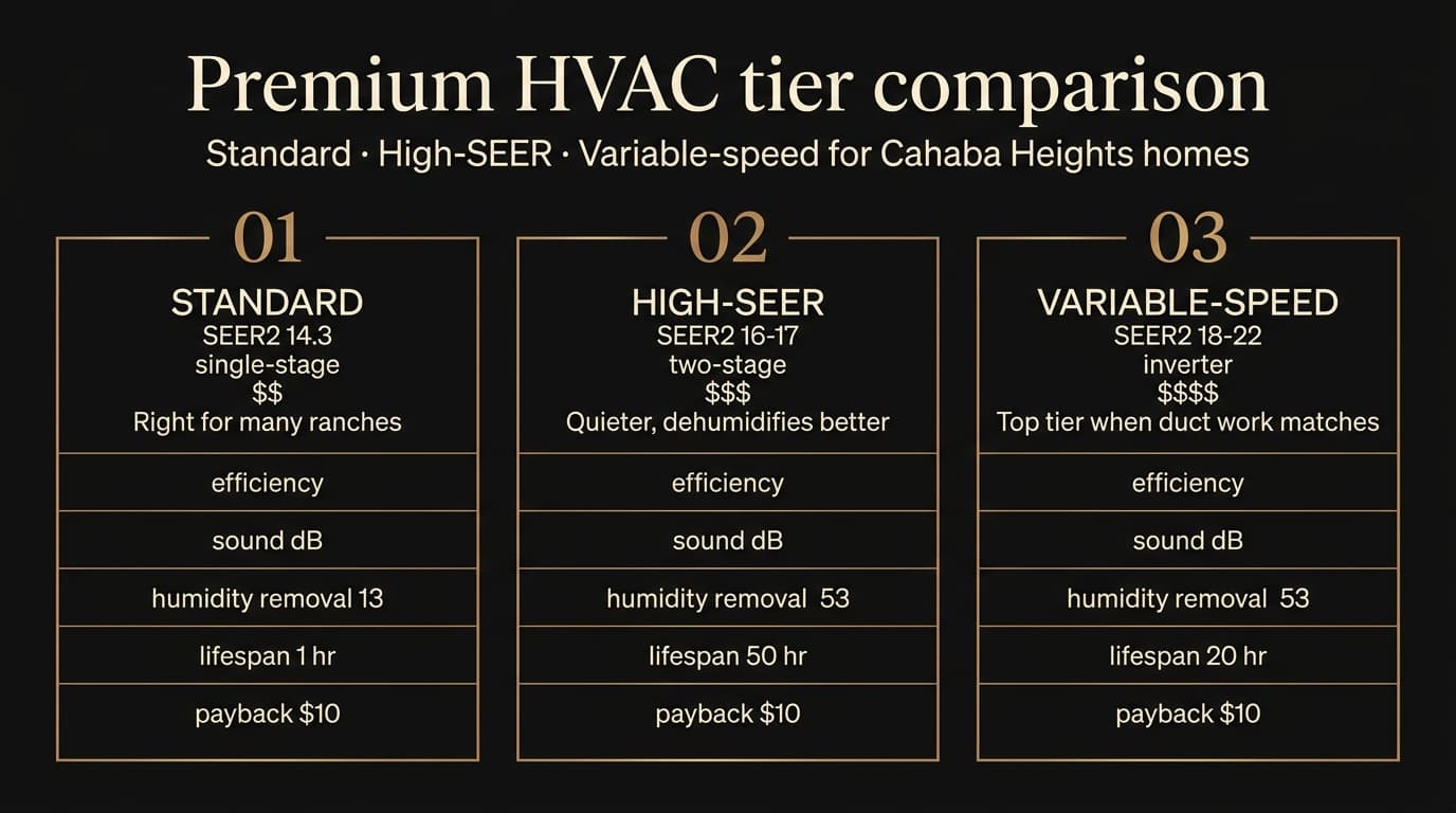 Three-column HVAC tier comparison: Standard SEER2 14.3 single-stage at $$ with right for many ranches label, High-SEER SEER2 16-17 two-stage at $$$ with quieter dehumidifies better label, Variable-speed SEER2 18-22 inverter at $$$$ with top tier when duct work matches label.