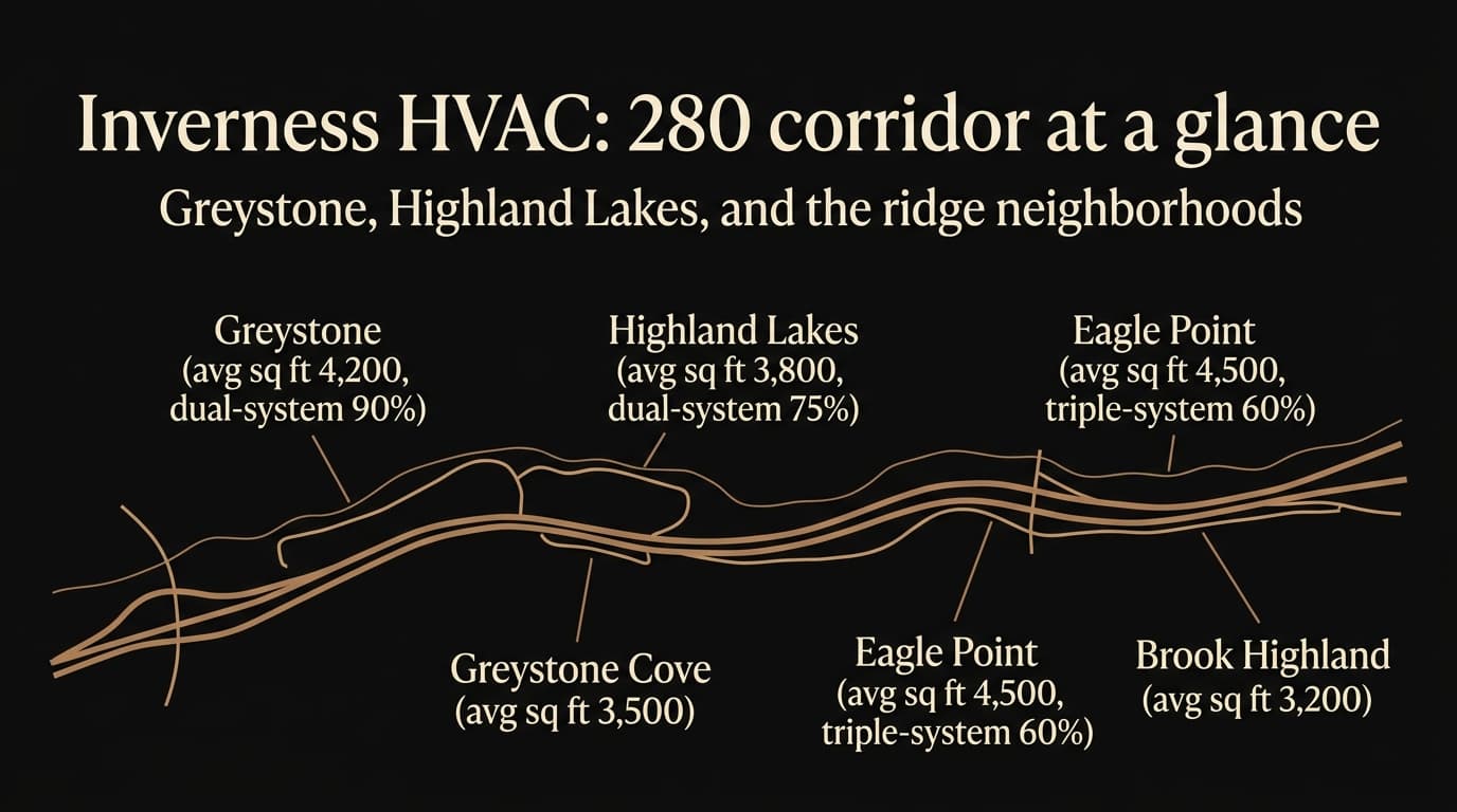 Map-style infographic of Inverness 280 corridor neighborhoods showing Greystone with average 4,200 sq ft and 90% dual-system homes, Highland Lakes 3,800 sq ft with 75% dual-system, Greystone Cove 3,500 sq ft, Eagle Point 4,500 sq ft with 60% triple-system, and Brook Highland 3,200 sq ft.